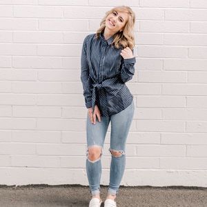 EVERLY navy and white striped blouse